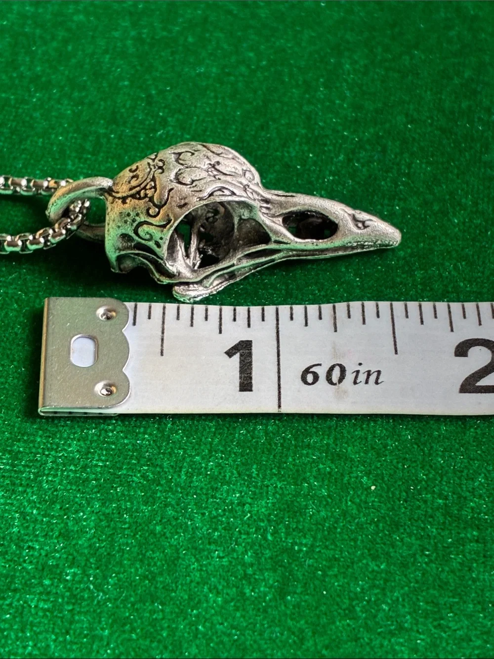 Gothic raven crow skull pendant necklace in silvertone Edgar Allan Poe inspired